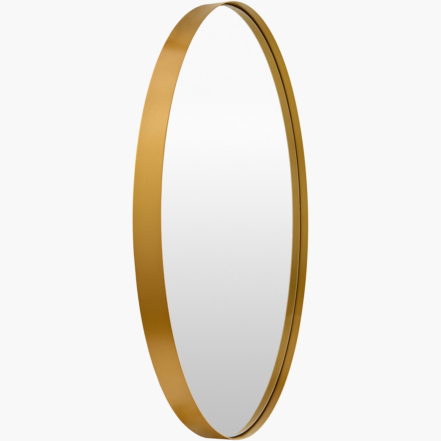 Round mirror with a gold frame on a white background