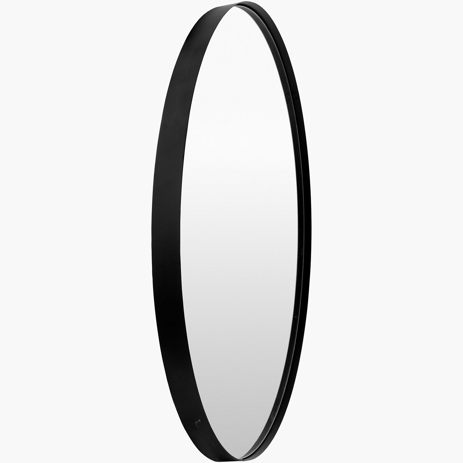Round mirror with black frame on a white background