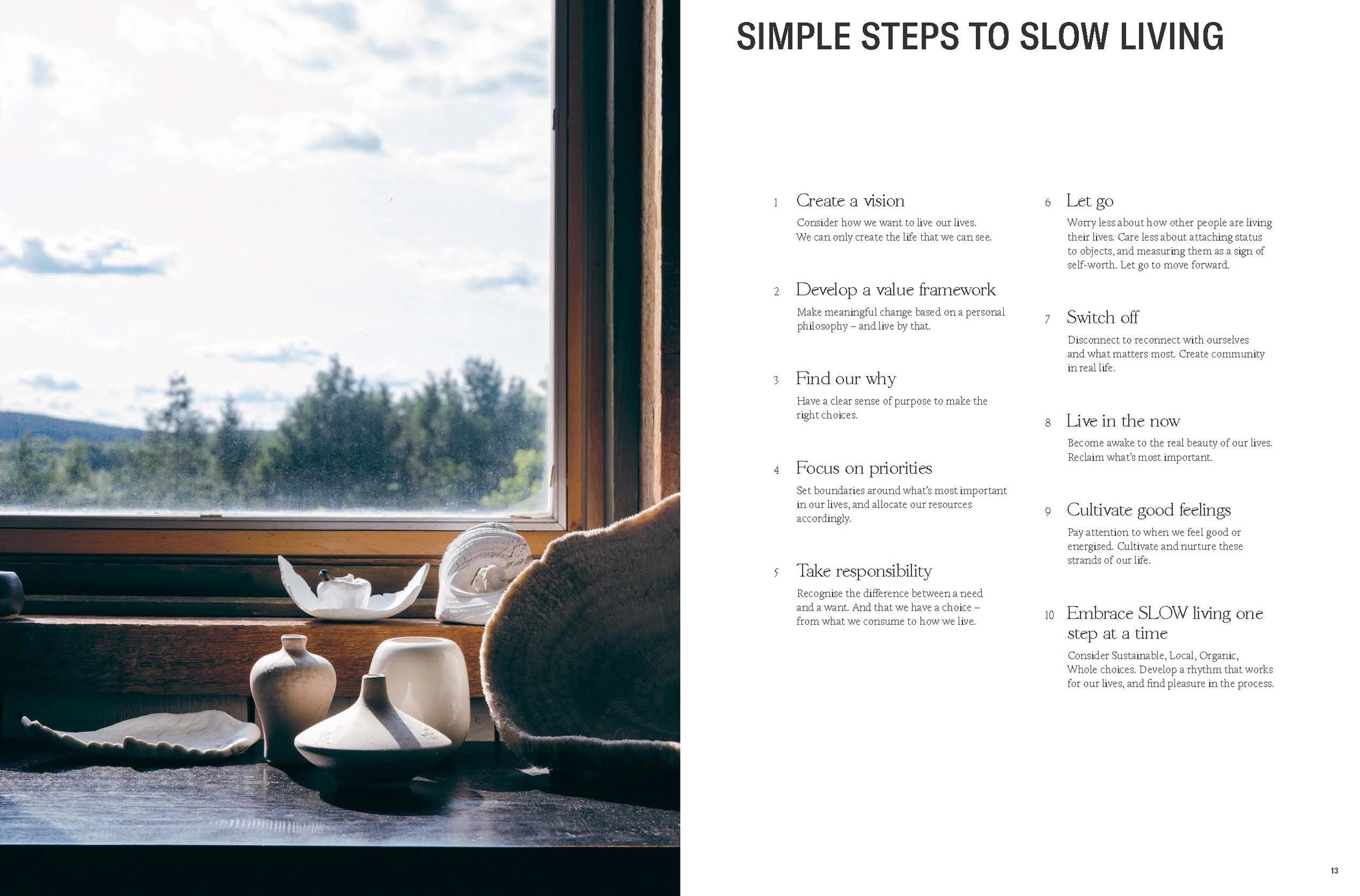 Window view with decorative items and a list of 'Simple Steps to Slow Living' on a white background.