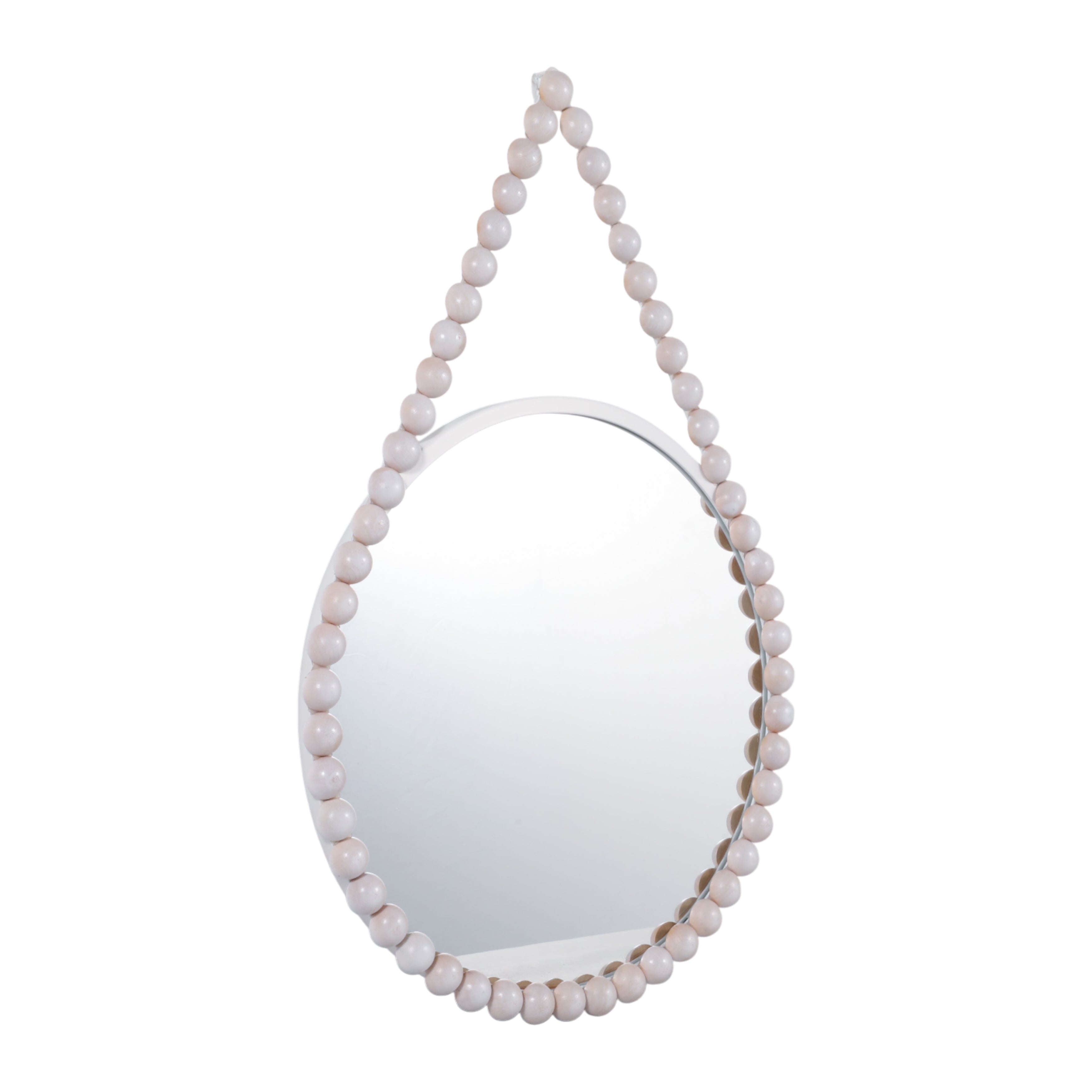 Round mirror with a beaded frame on a white background