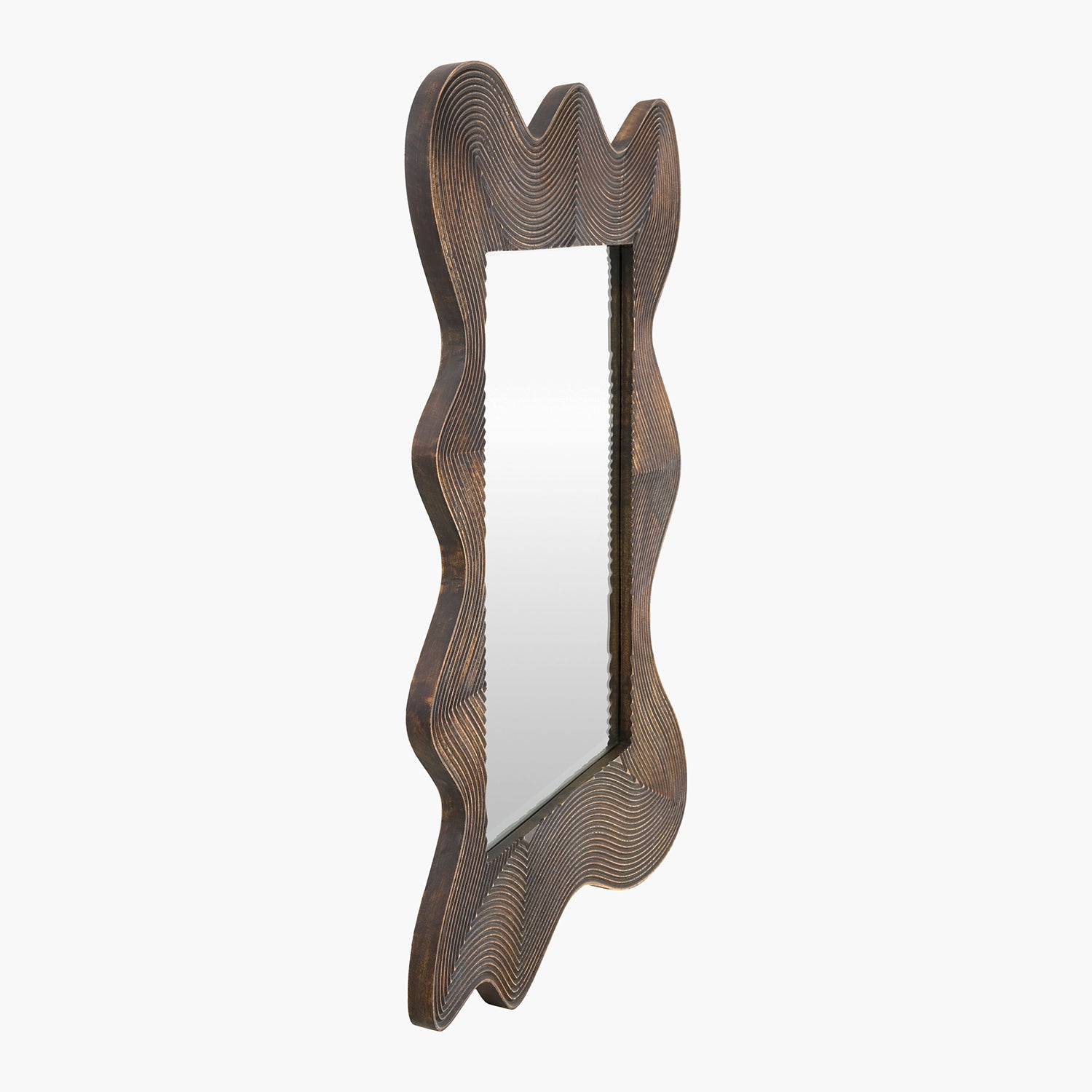Decorative wall mirror with wavy wooden frame on a white background