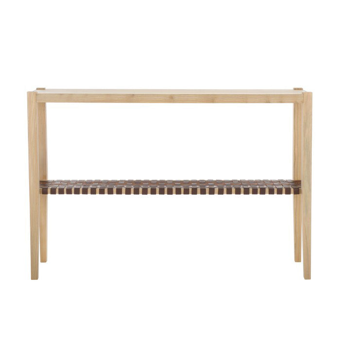Wooden console table with a brown woven shelf