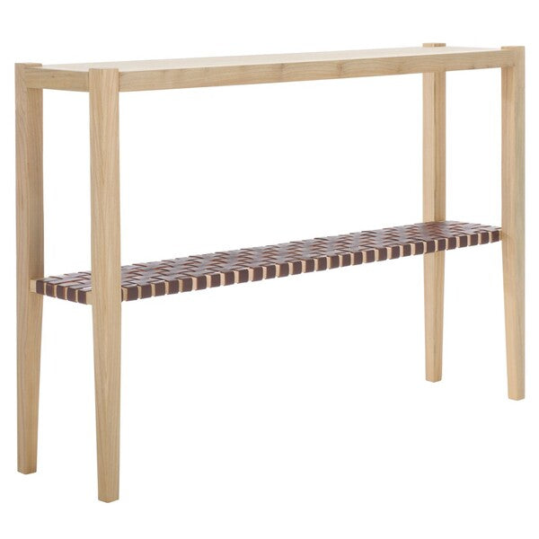 Wooden console table with a patterned shelf on a white background