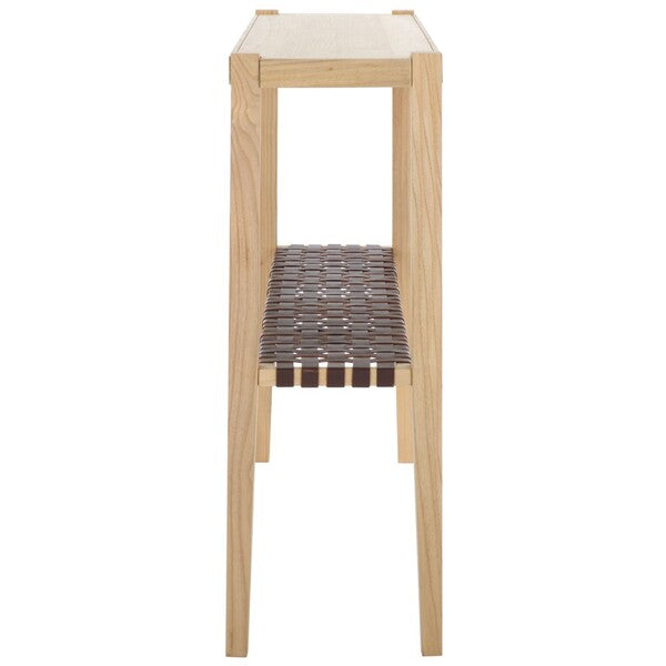 Wooden console table with a weaved shelf on a white background