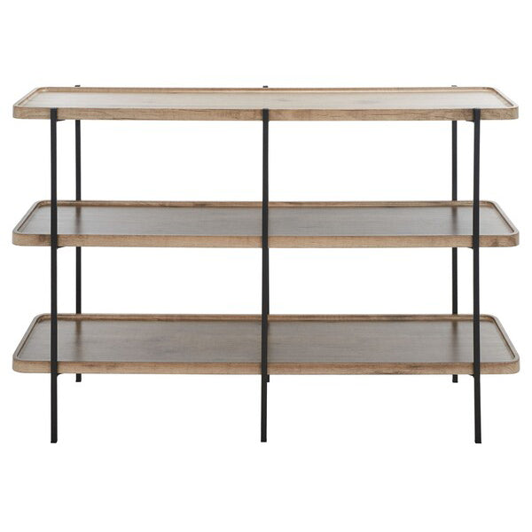 Three-tiered shelf with wooden shelves and metal legs on a white background