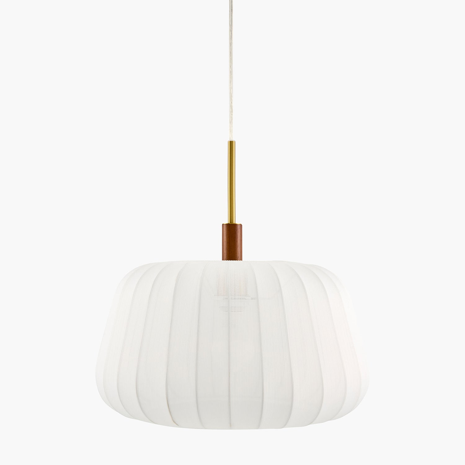 White pendant light with a gold and brown fixture on a white background