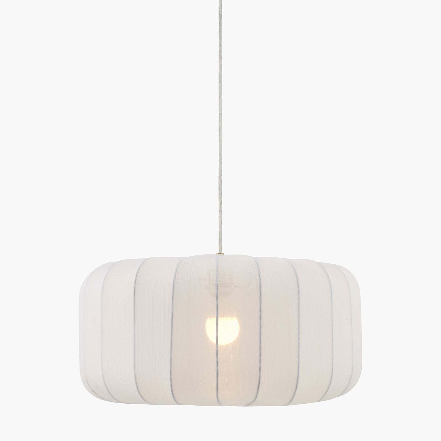 White pendant light with striped design on a white background