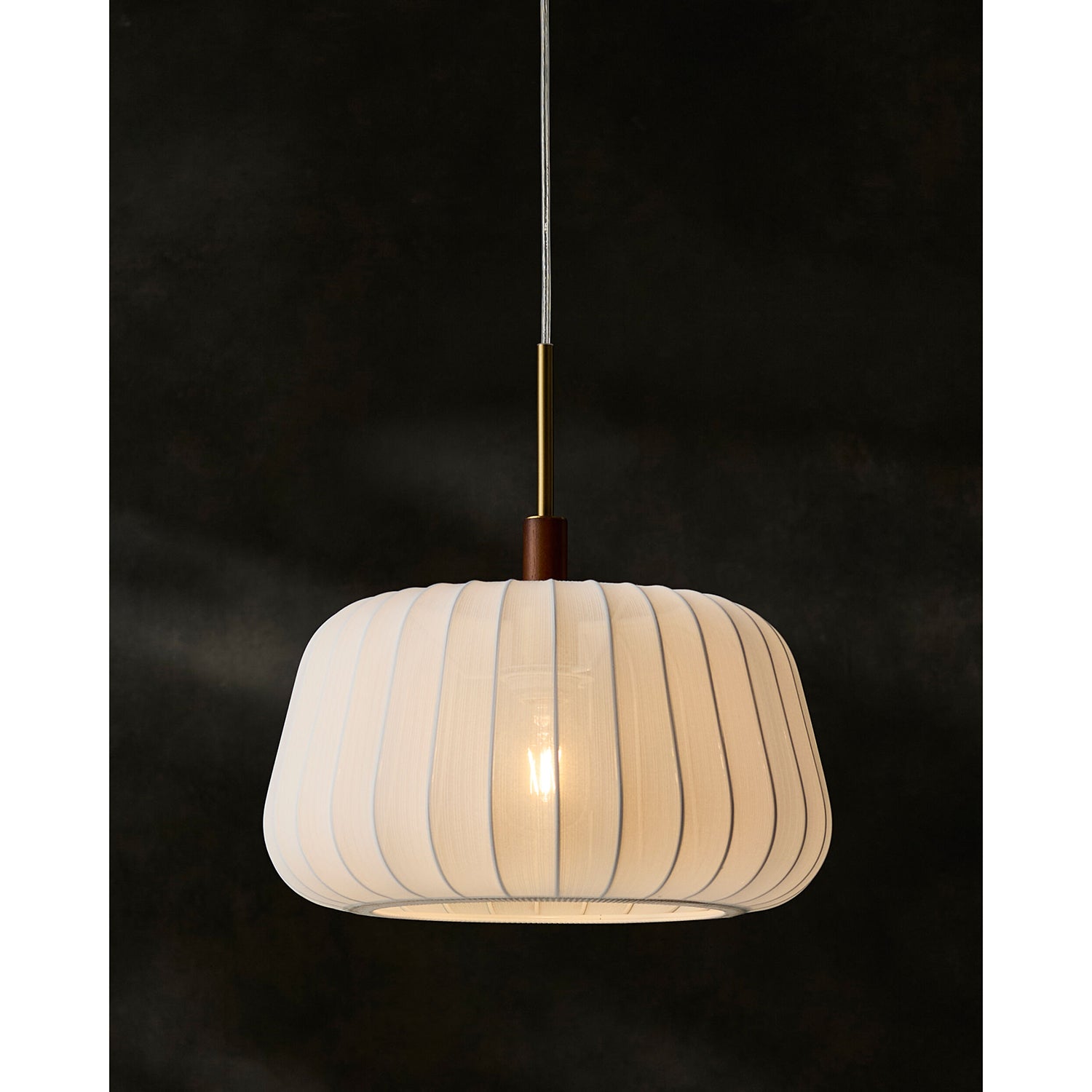 Pendant light with ribbed design on a dark background