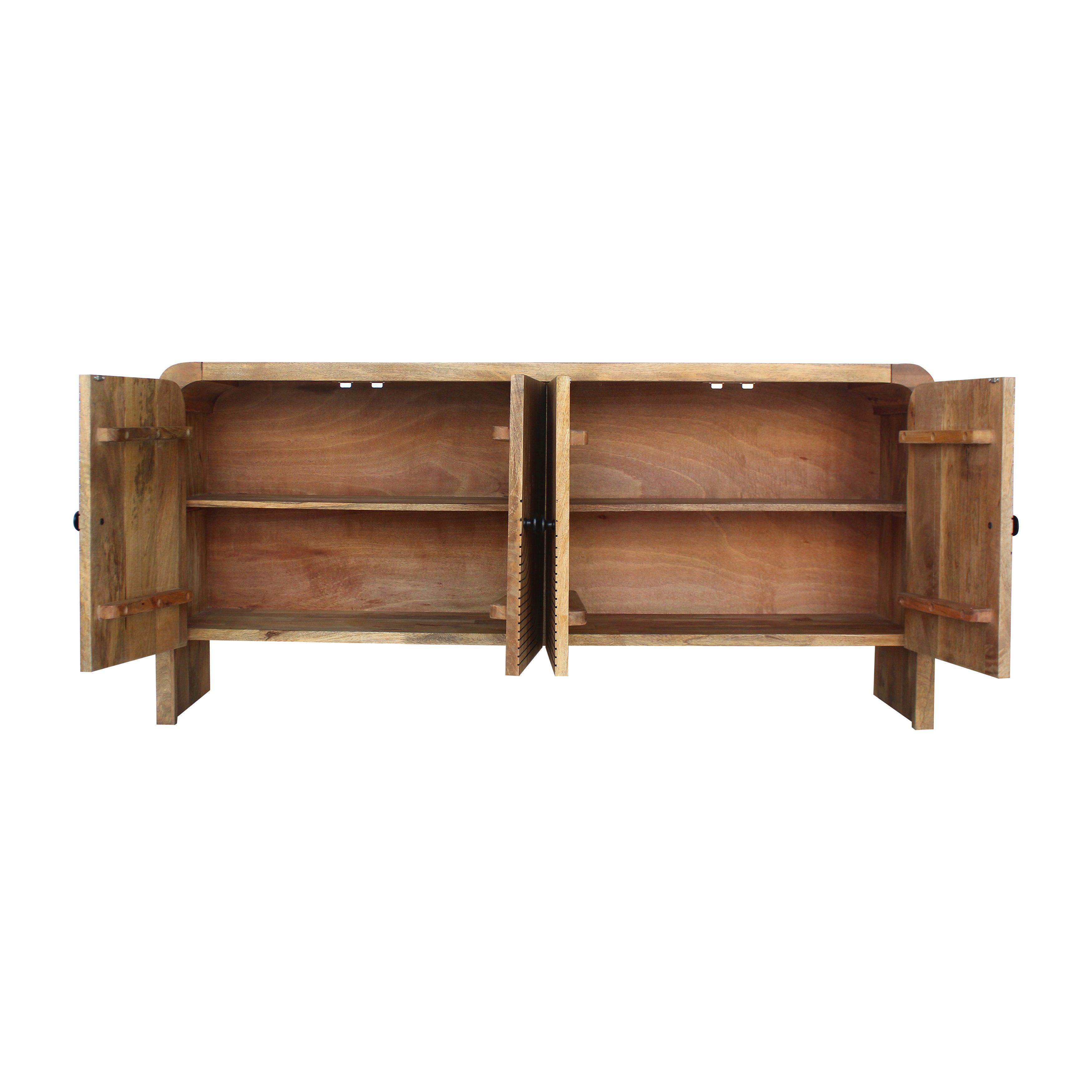 Wooden sideboard with open doors on a white background