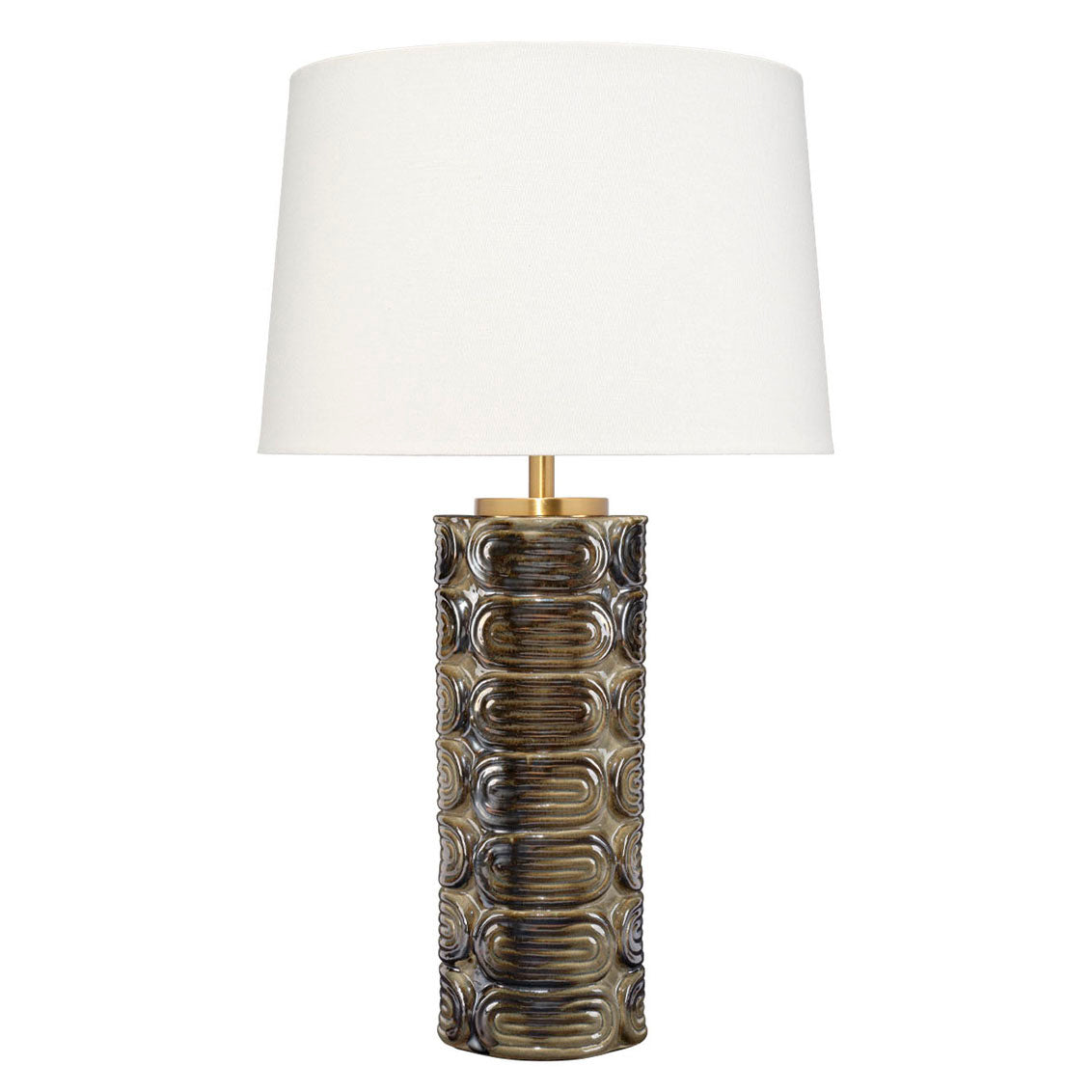 Decorative table lamp with textured base and white shade on a white background