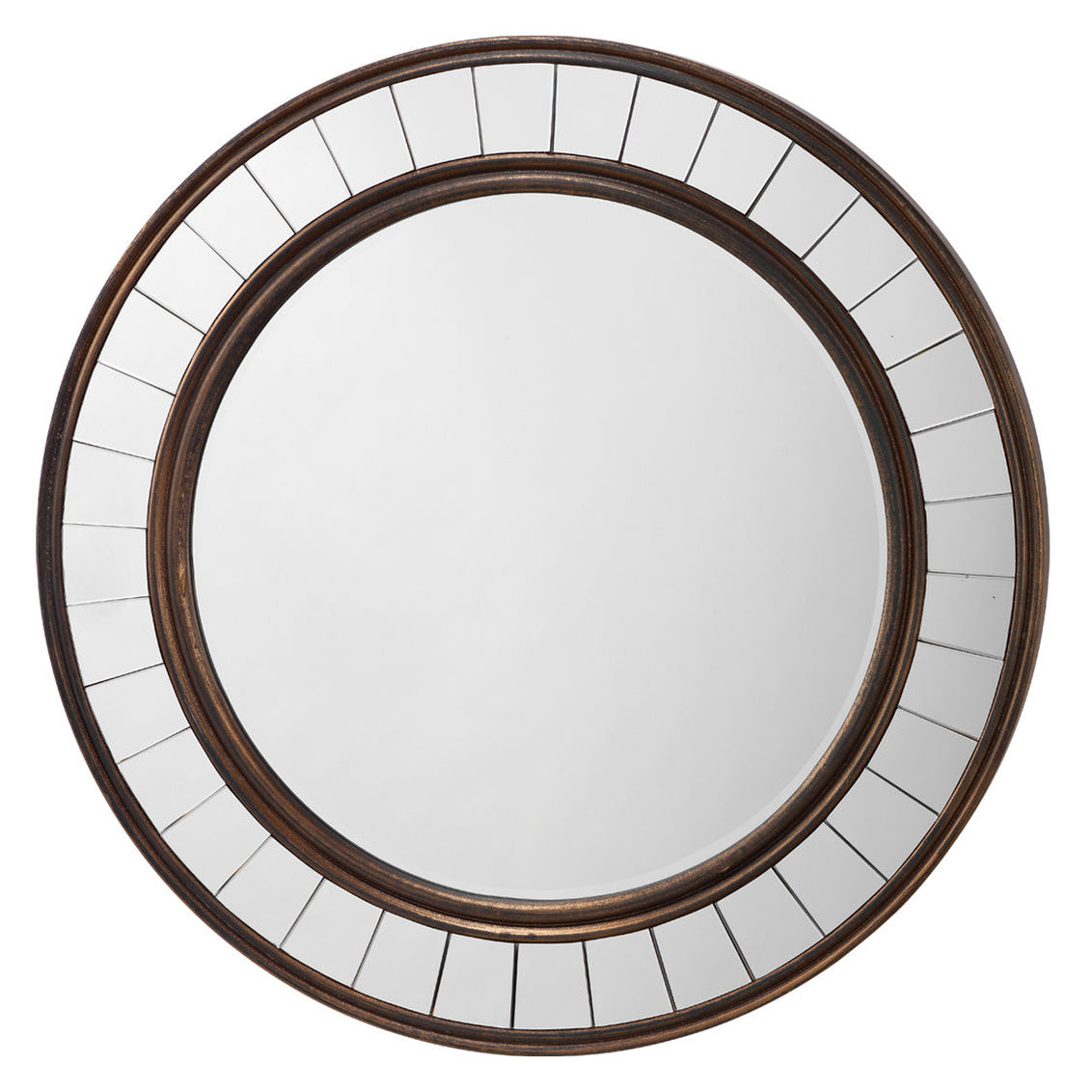 Round mirror with a decorative brown frame on a white background
