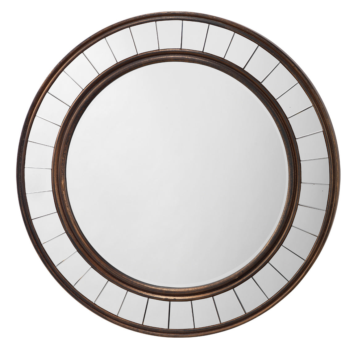 Round mirror with a decorative brown frame on a white background
