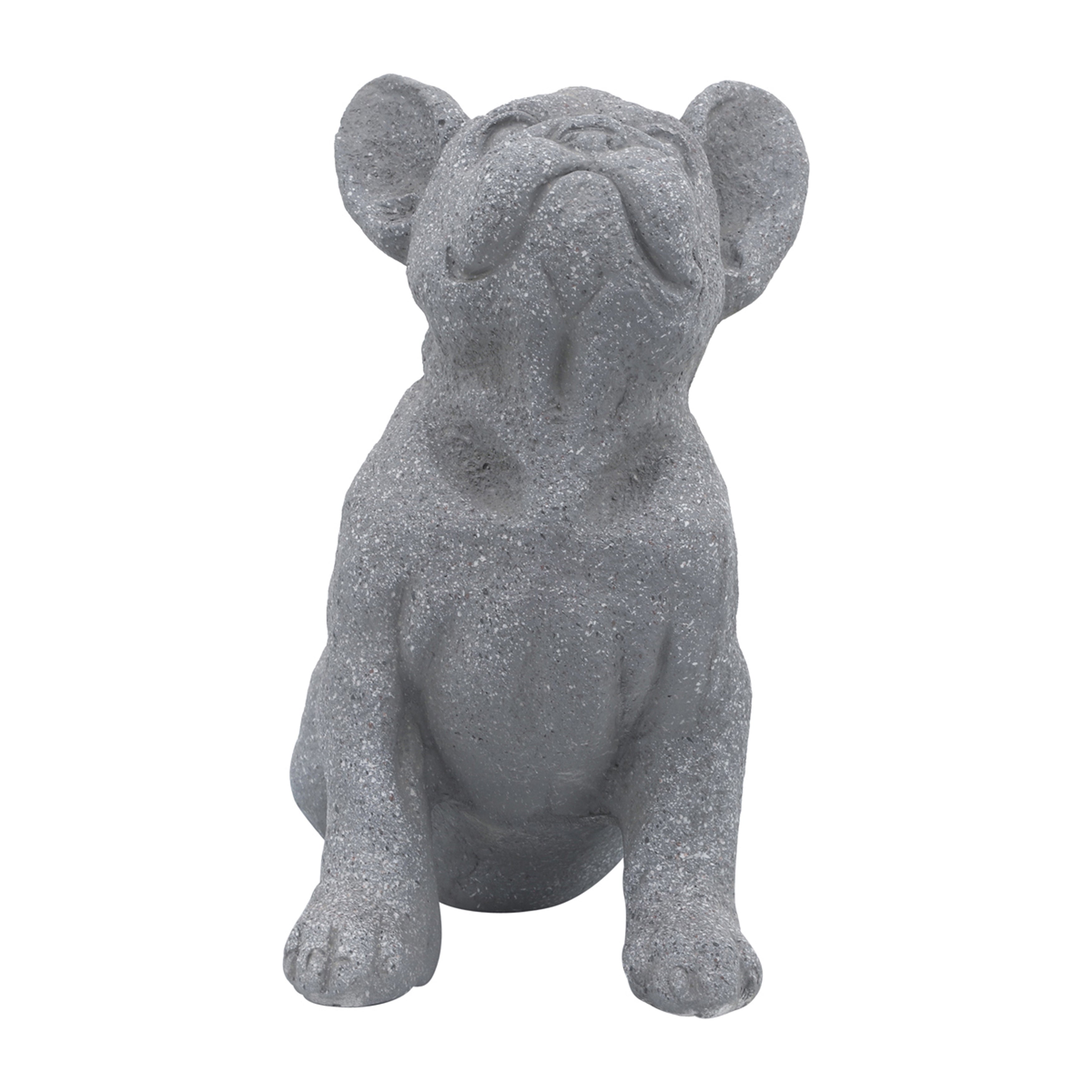 Gray stone statue of a sitting dog on a white background