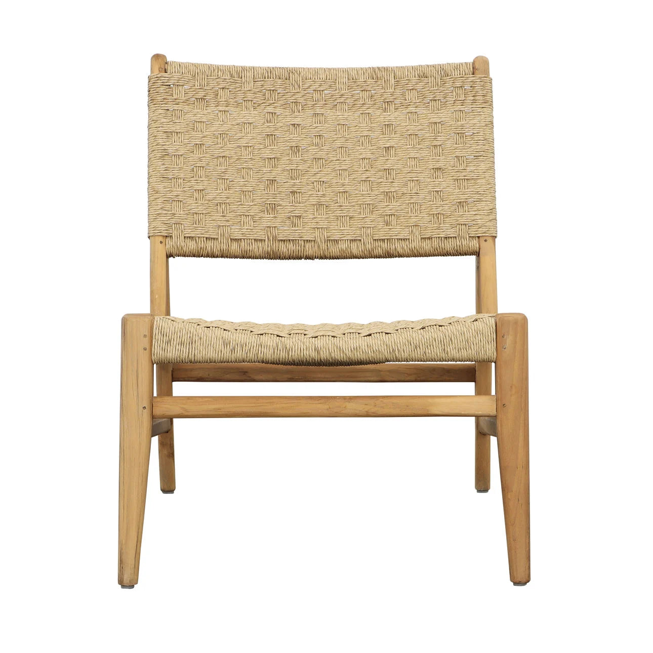 Wooden framed woven fabric chair on a white background