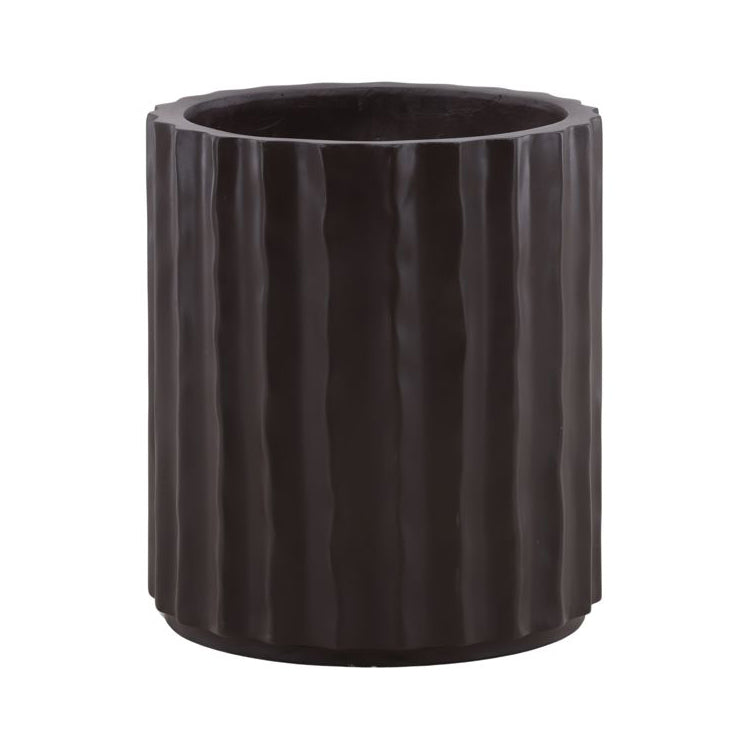 Black textured cylindrical planter on a white background