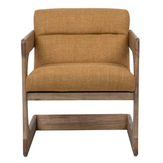 Mustard armchair with wooden frame on a white background