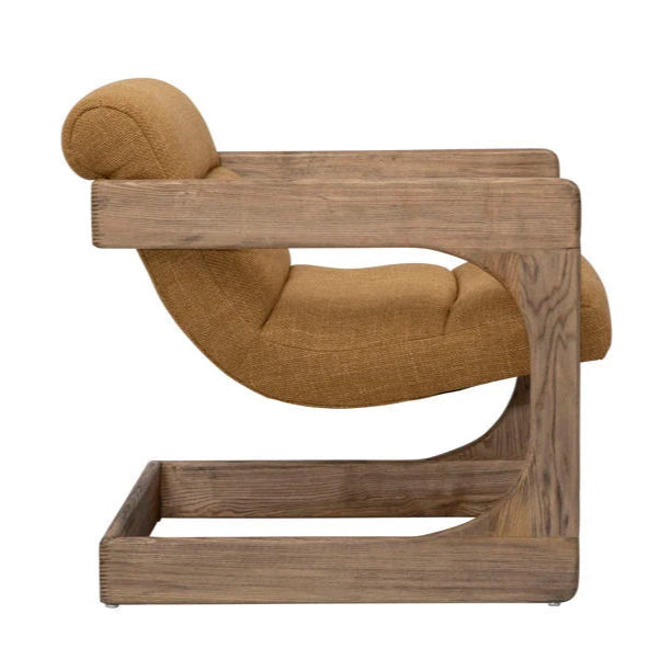 Mustard lounge chair with wooden frame on a white background