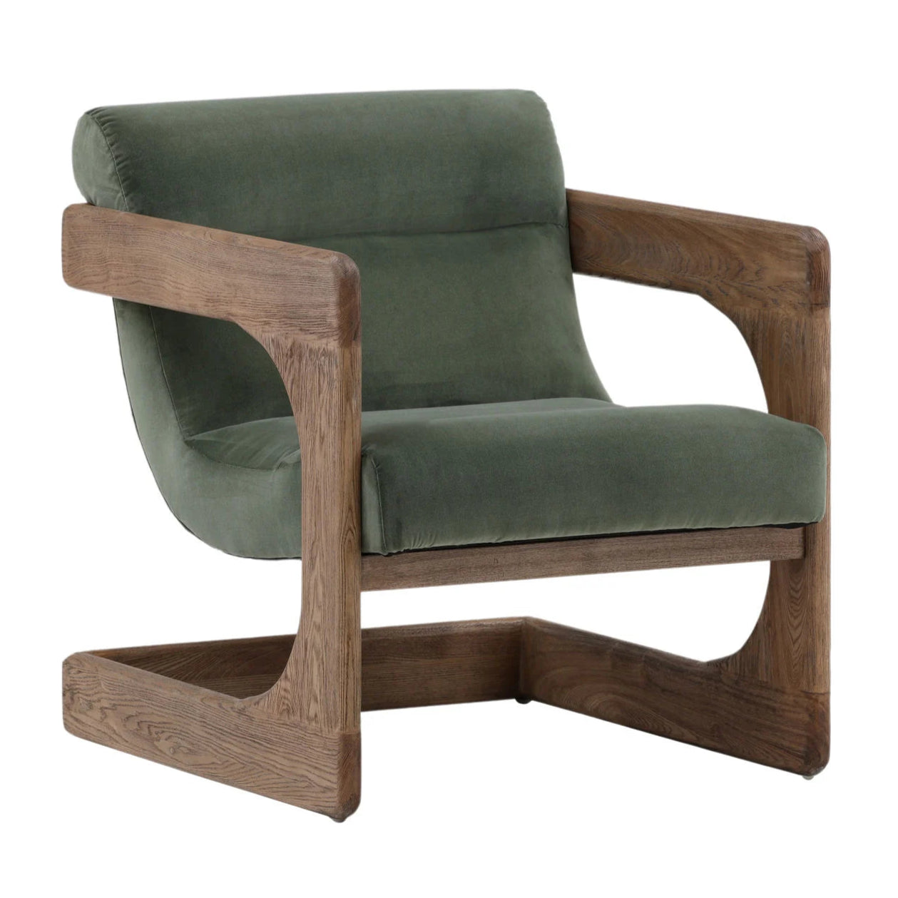 Green armchair with wooden frame on a white background