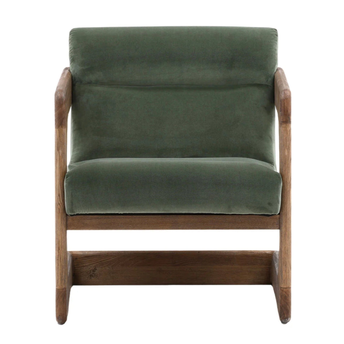 Green velvet armchair with wooden frame on a white background