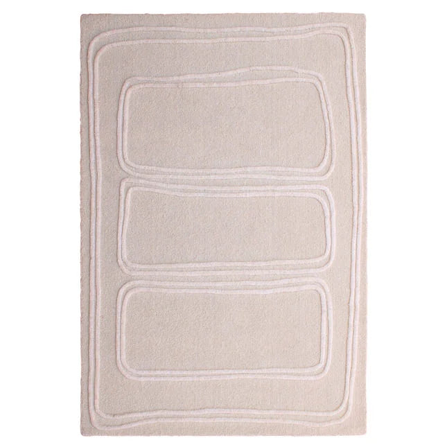 Beige rug with textured square pattern on a white background