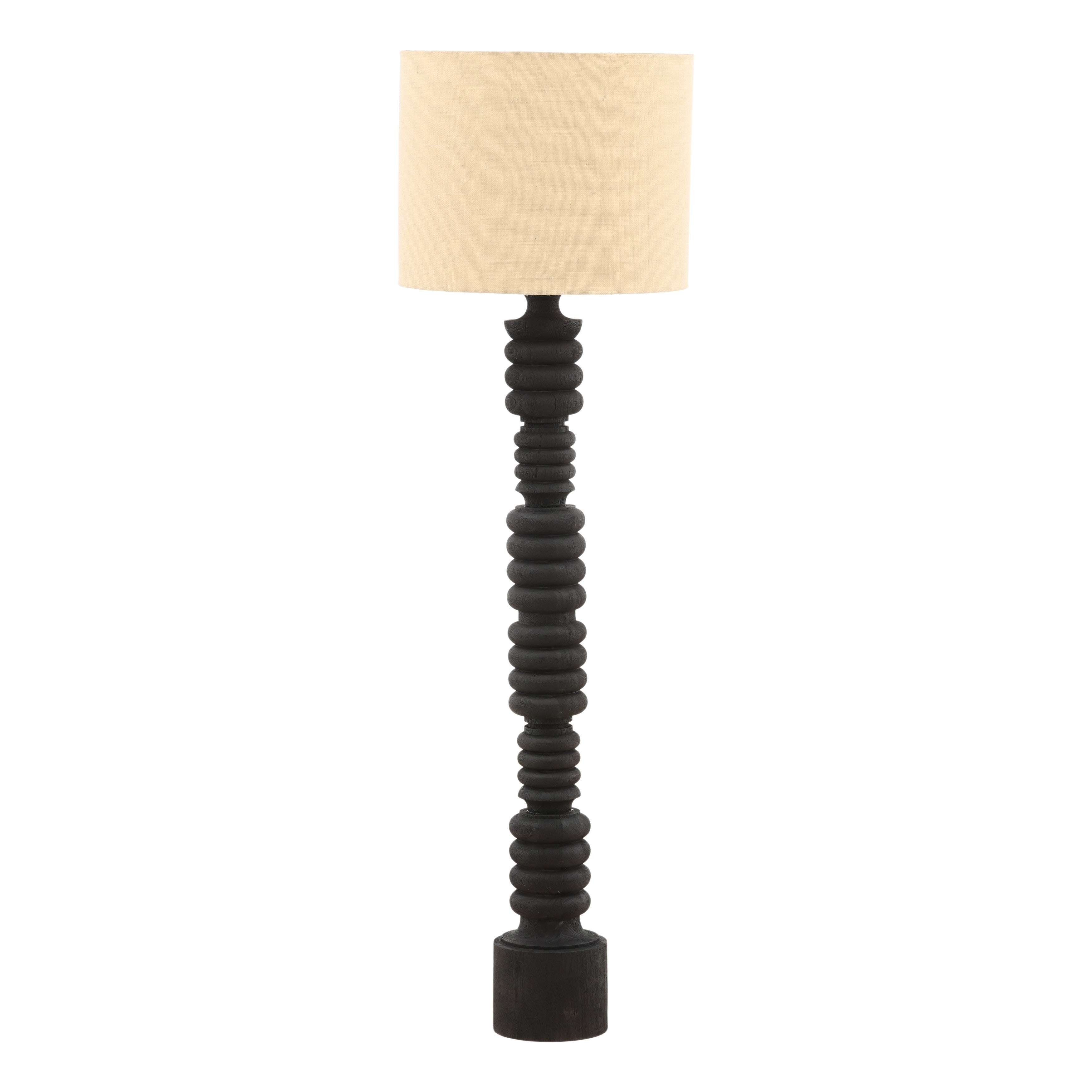 Floor lamp with a black spiral base and beige lampshade on a white background