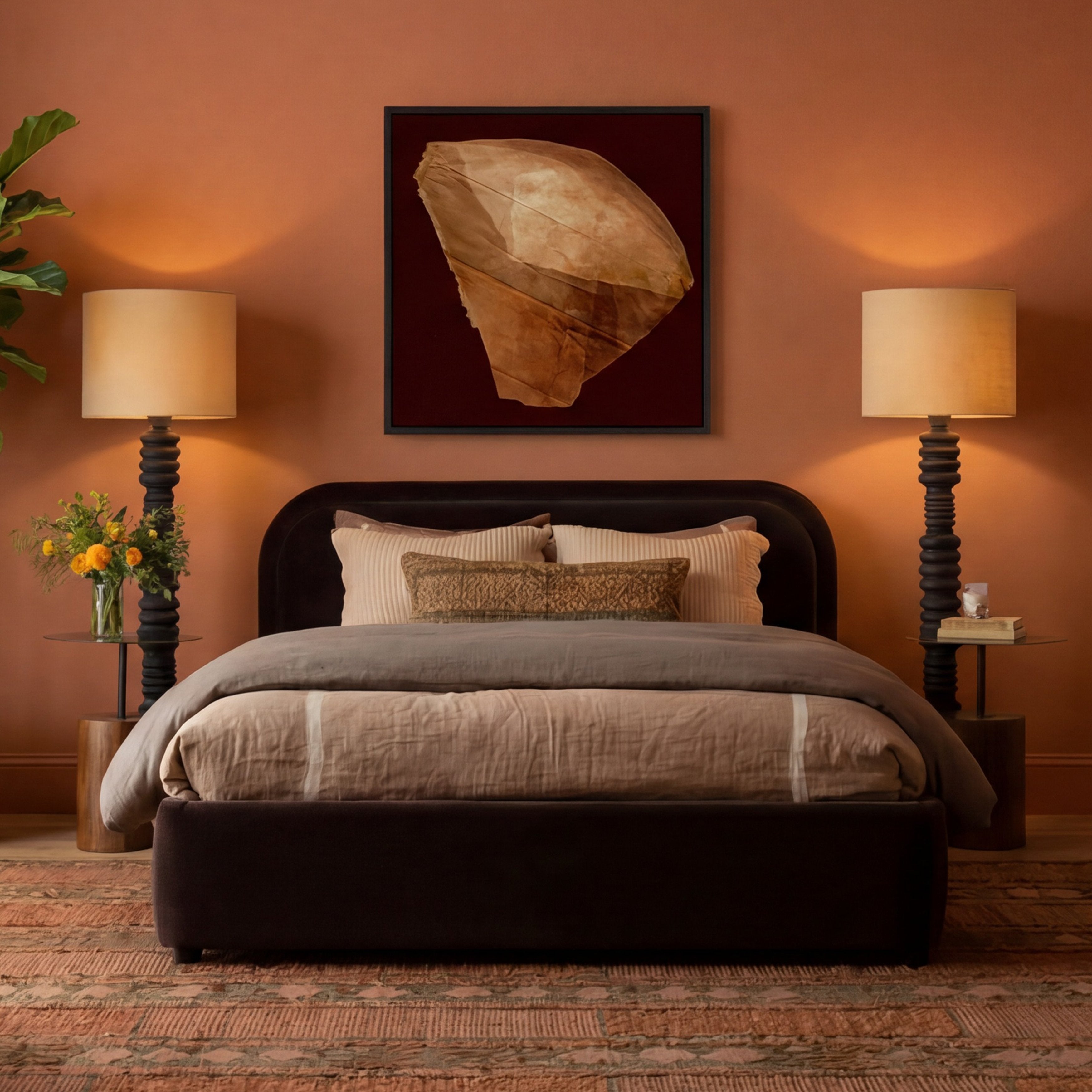 A styled bedroom scene with a bed centered against a warm terracotta wall, featuring a framed wall art piece above it. The artwork shows a large tan stone or crystal on a dark red background.