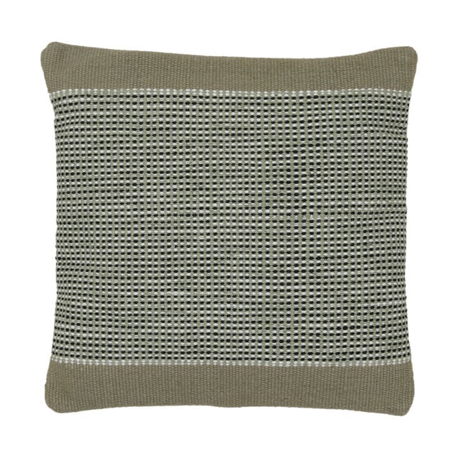 Textured green cushion with a subtle pattern on a white background