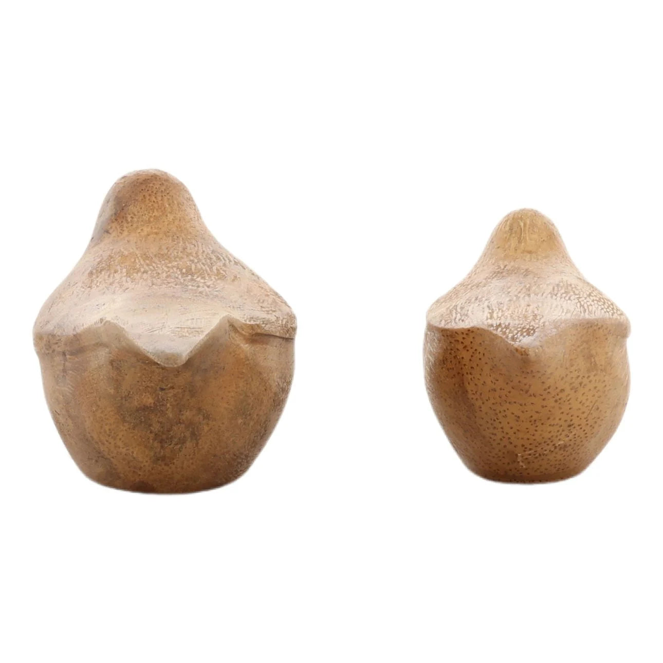 Two wooden bird-shaped objects on a white background