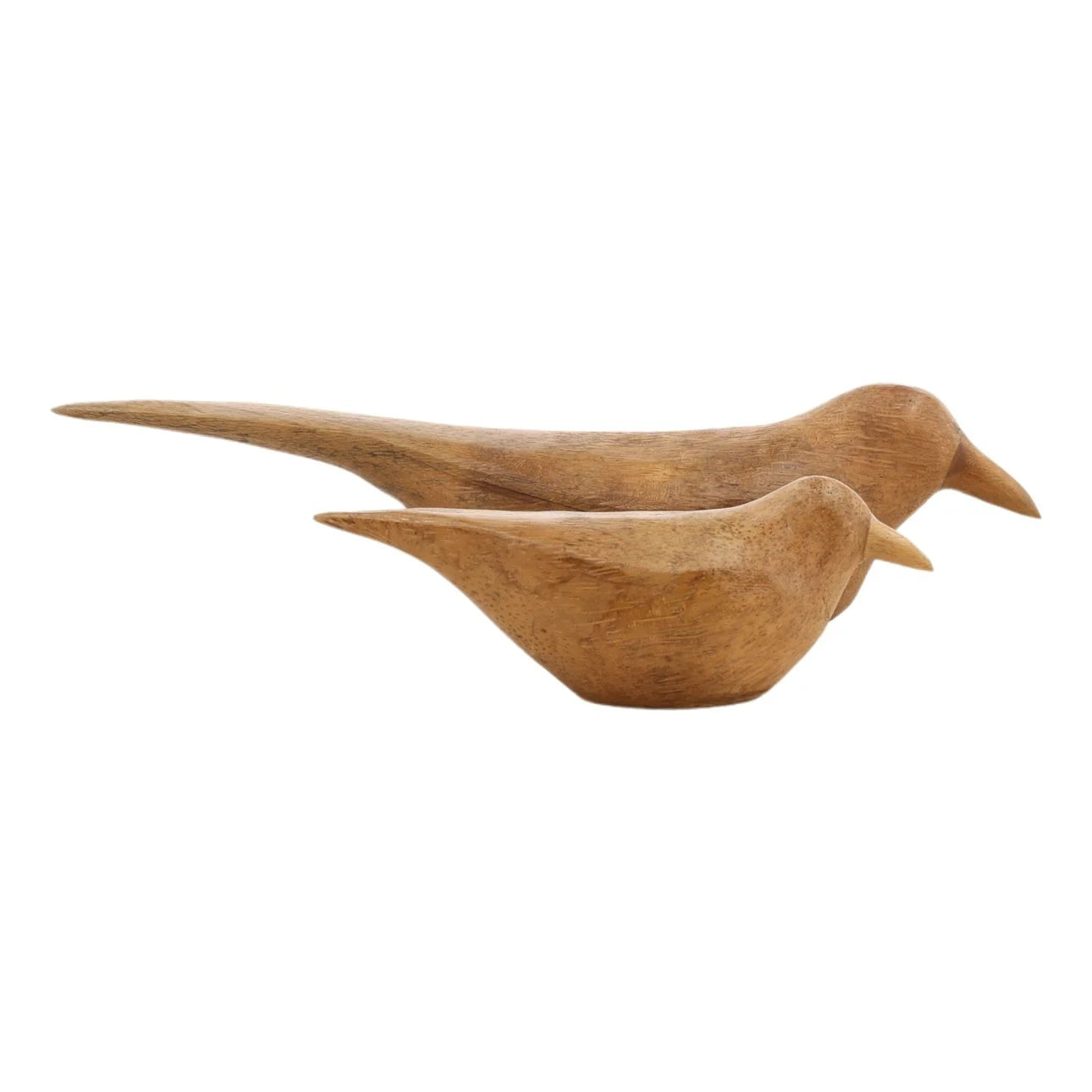 Two wooden bird sculptures on a white background