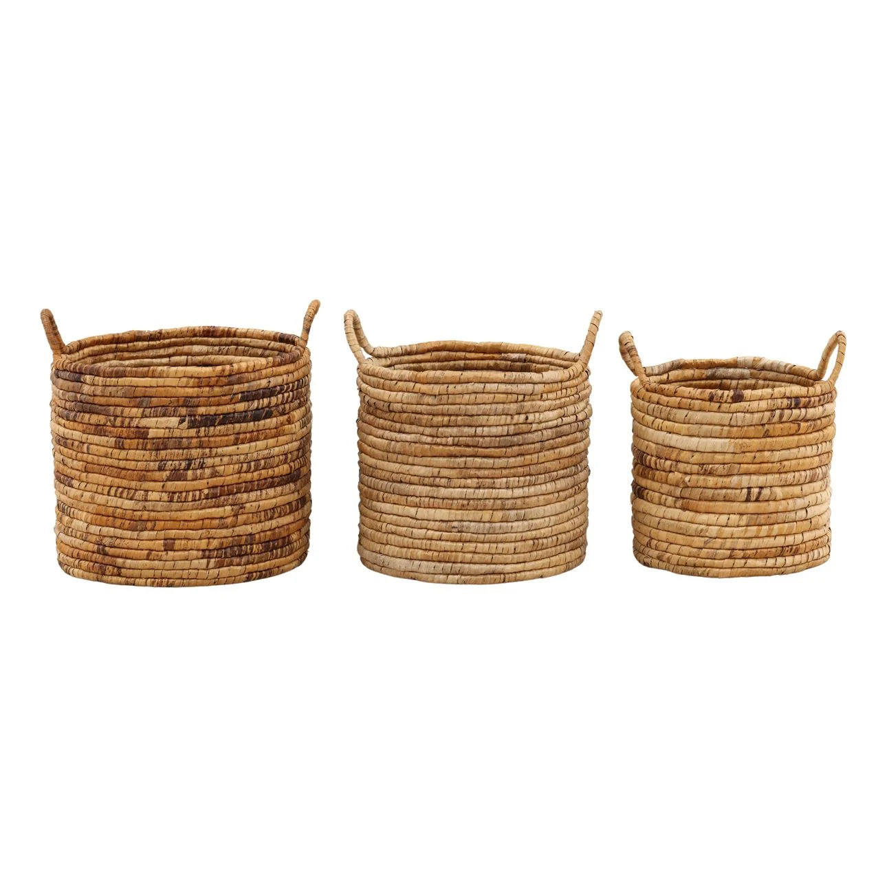 Three woven baskets of different sizes on a white background