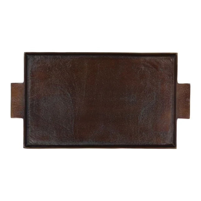Rectangular brown metal tray with handles on a white background
