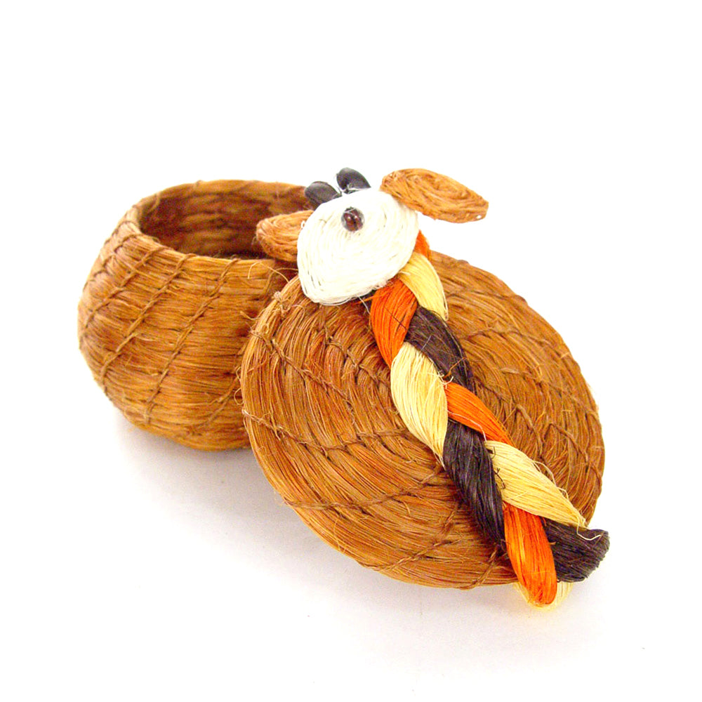 Woven basket with decorative giraffe braided top on a white background