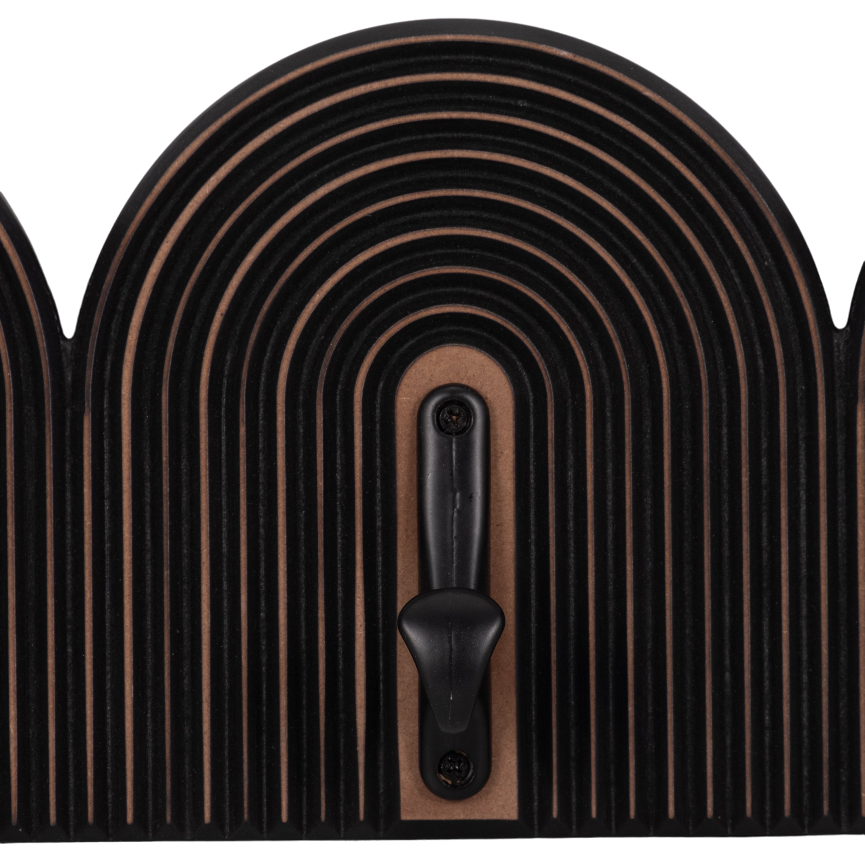 Decorative wooden panel with curved design and black handle on a white background