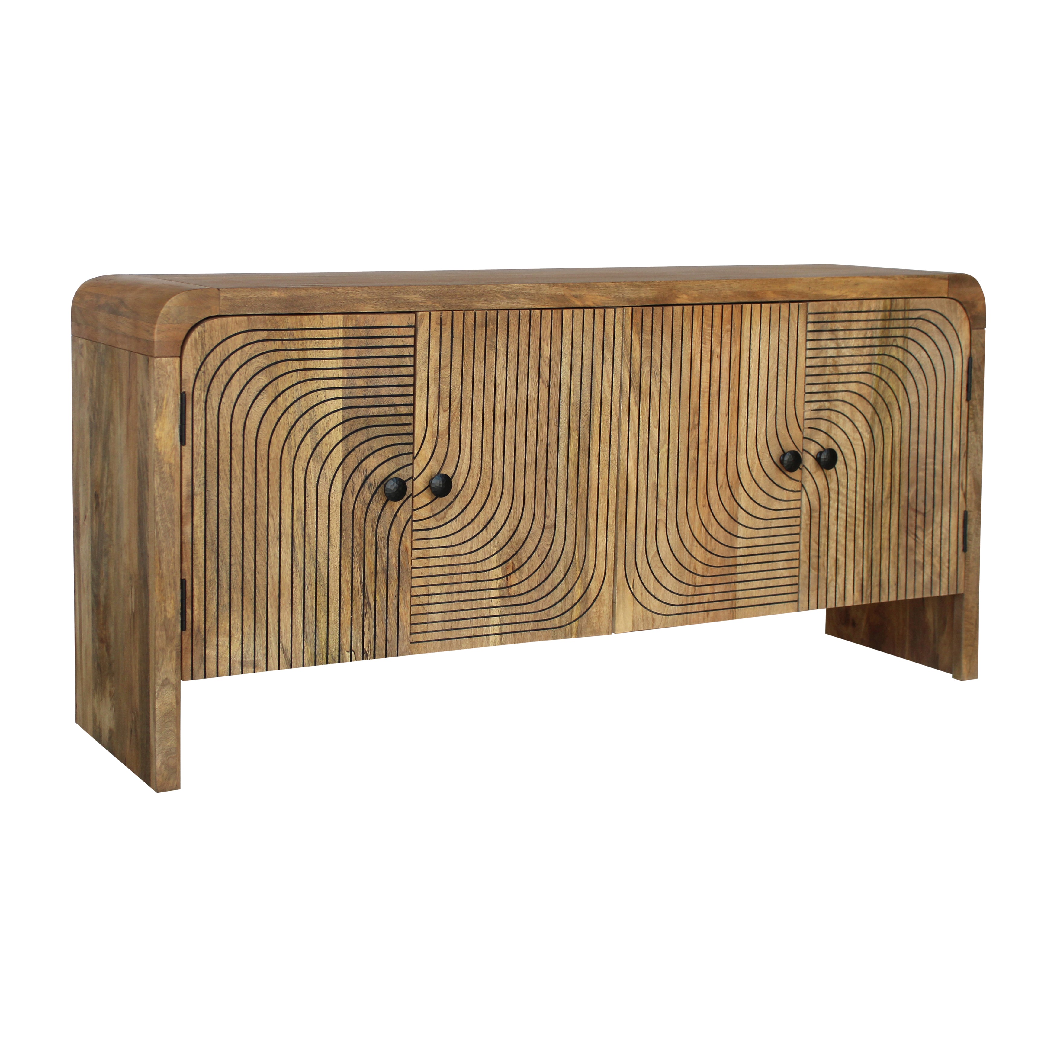 Wooden sideboard with wavy pattern on a white background