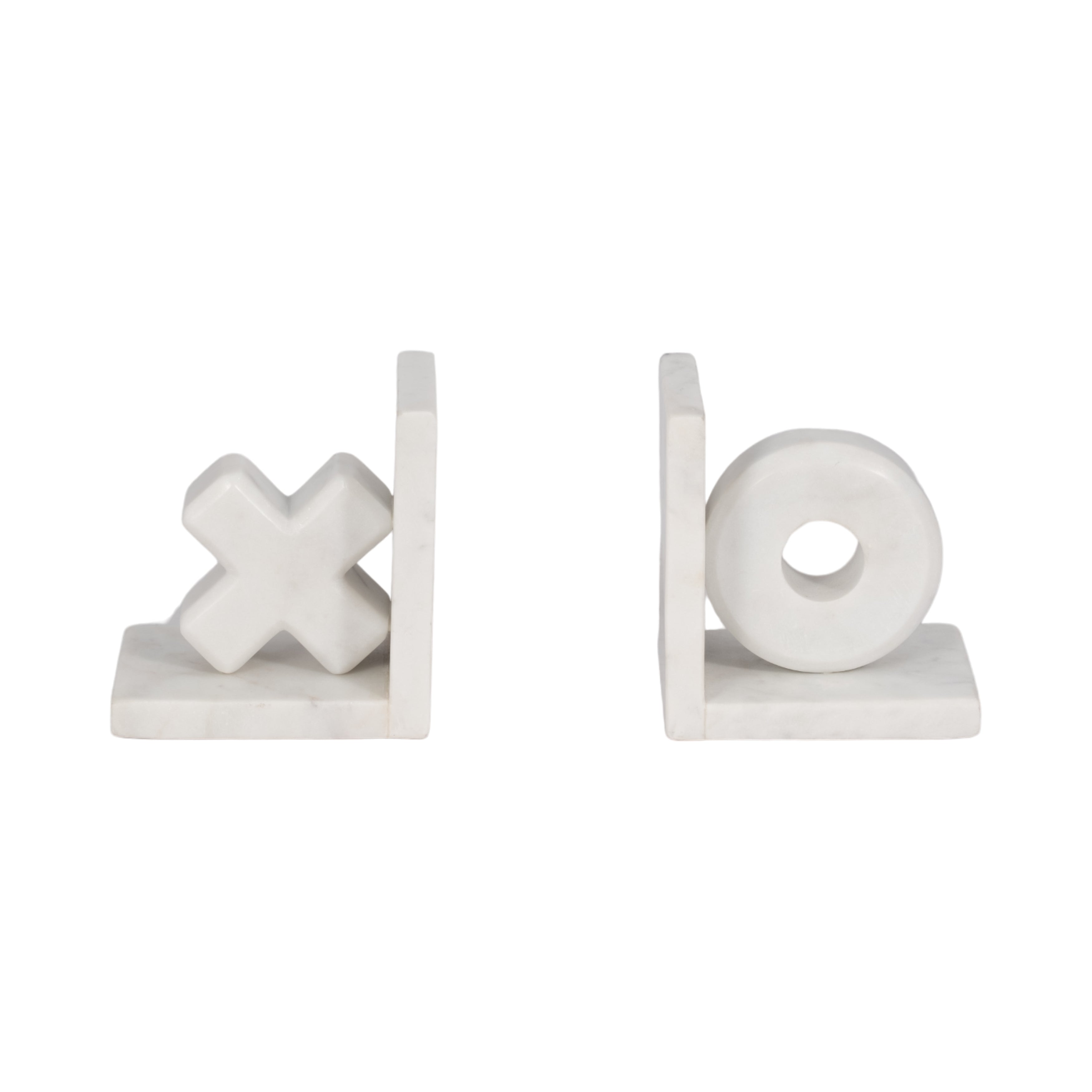 White marble bookends shaped like 'X' and 'O' on a white background