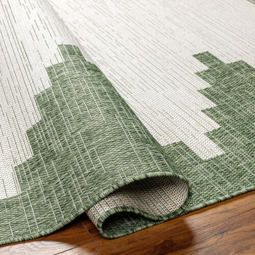 Green and white geometric patterned rug on a wooden floor