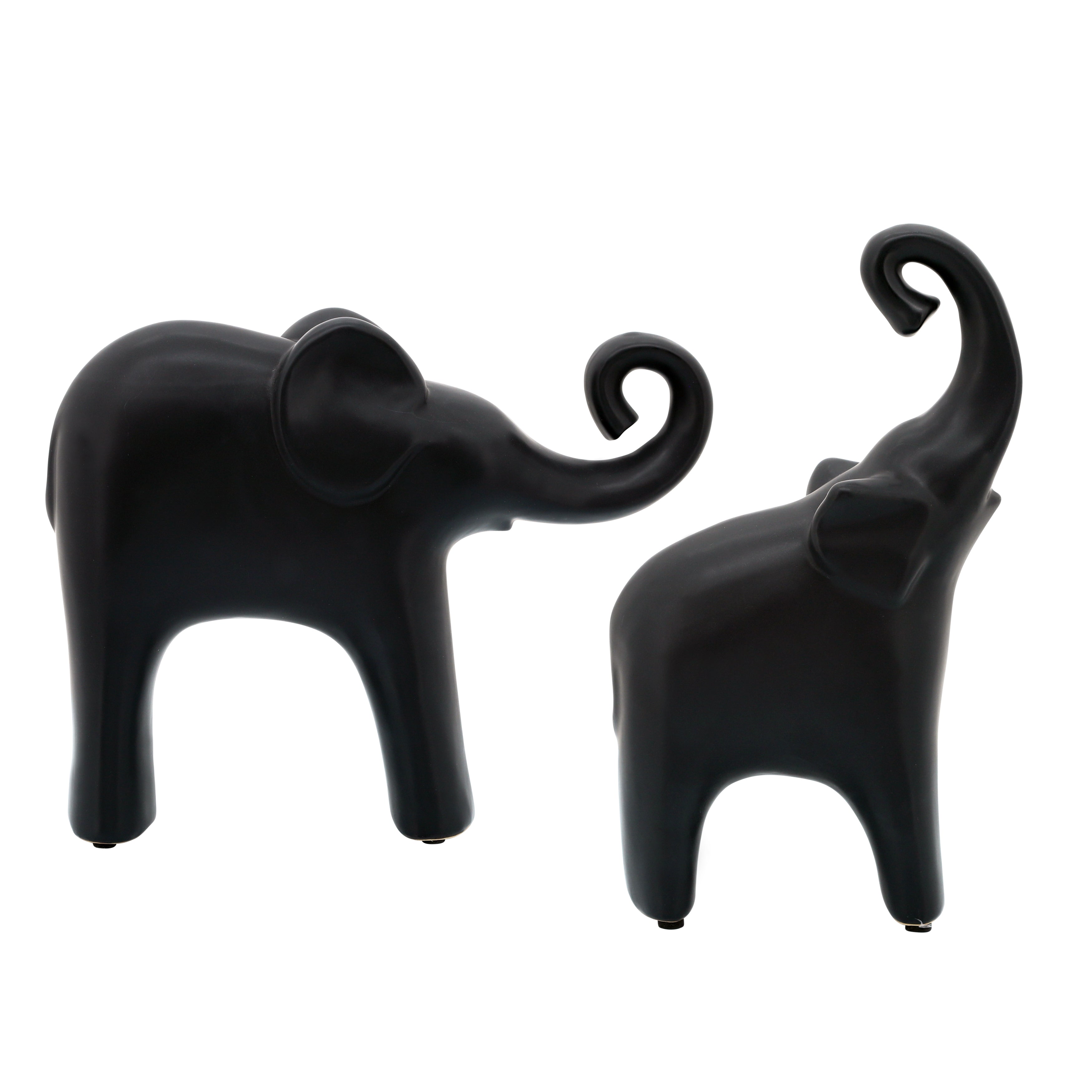 Two black elephant figurines on a white background
