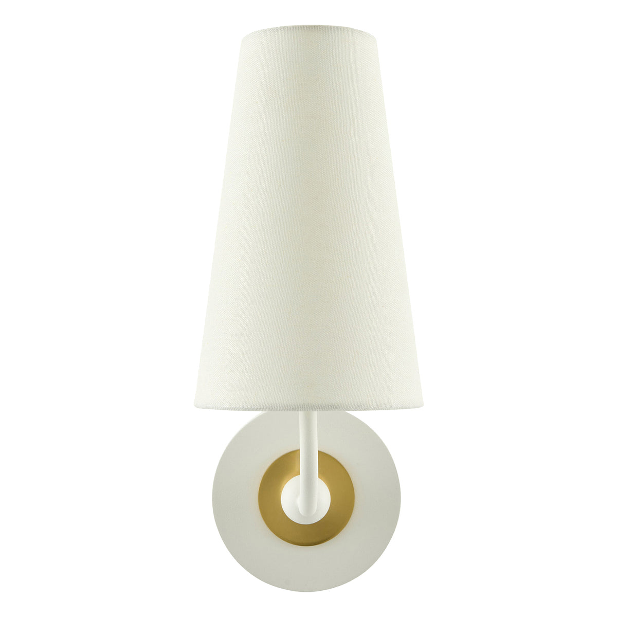 A modern wall sconce featuring a tapered off-white fabric shade, a white wall mount, and a circular gold accent ring.