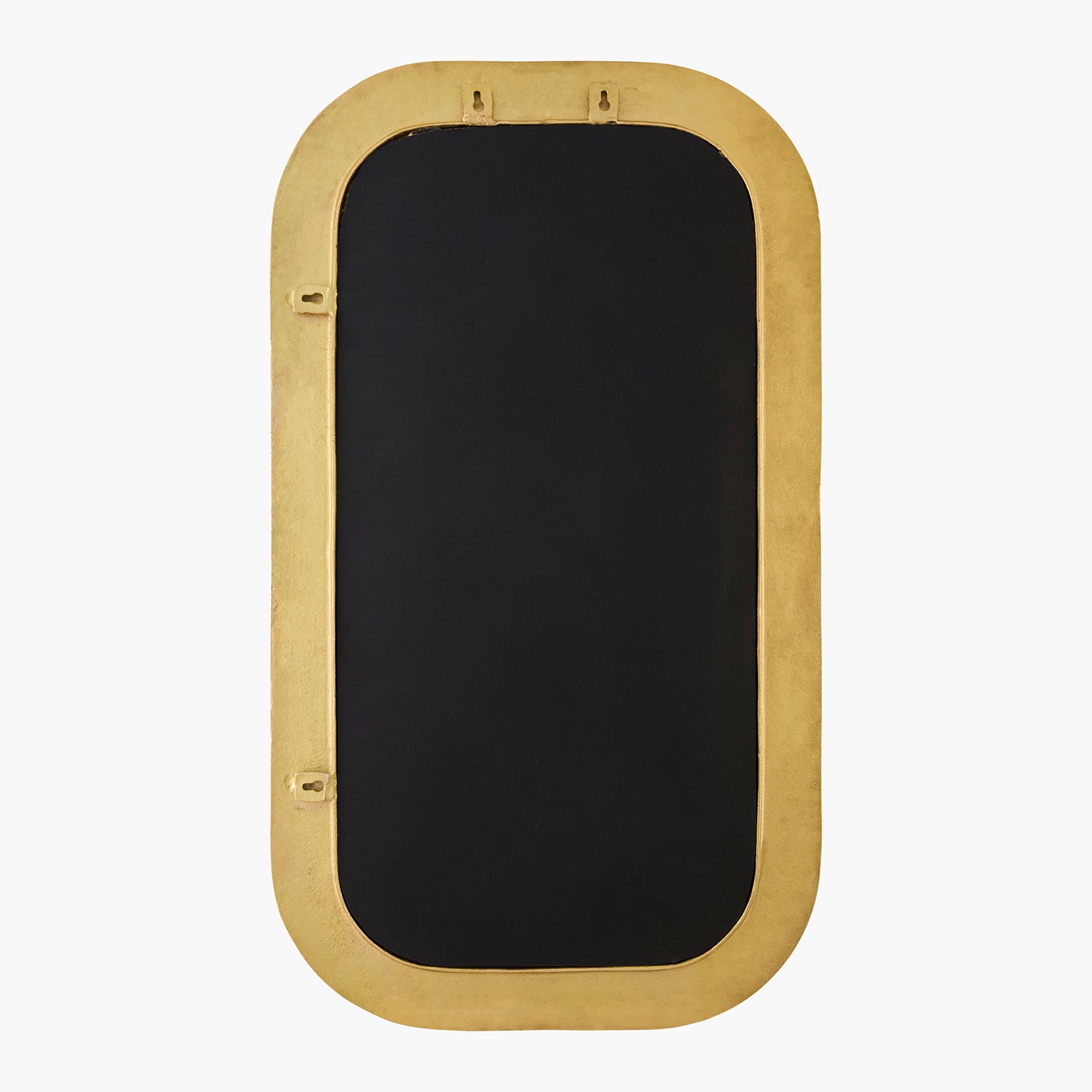 Rectangular mirror backing with gold frame on a white background