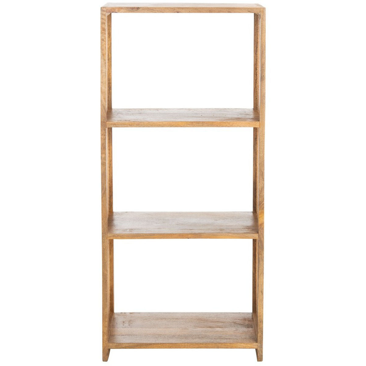 Wooden bookshelf with three shelves on a white background