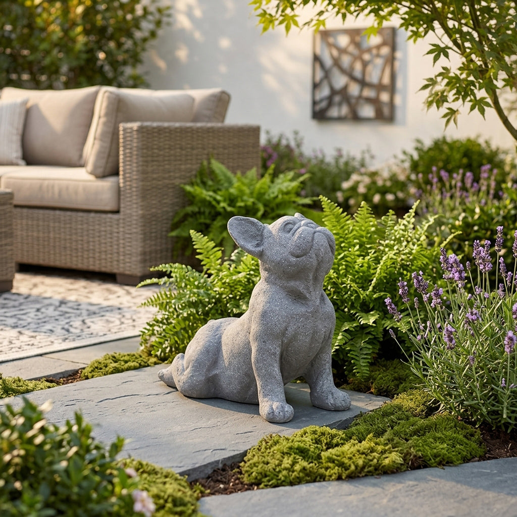 Statue of a dog in a garden setting with a couch and plants in the background