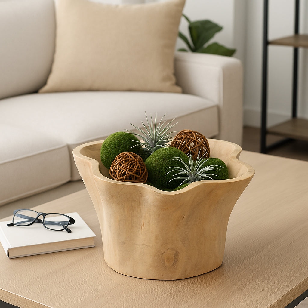 Wooden planter with decorative plants on a coffee table in a living room setting.