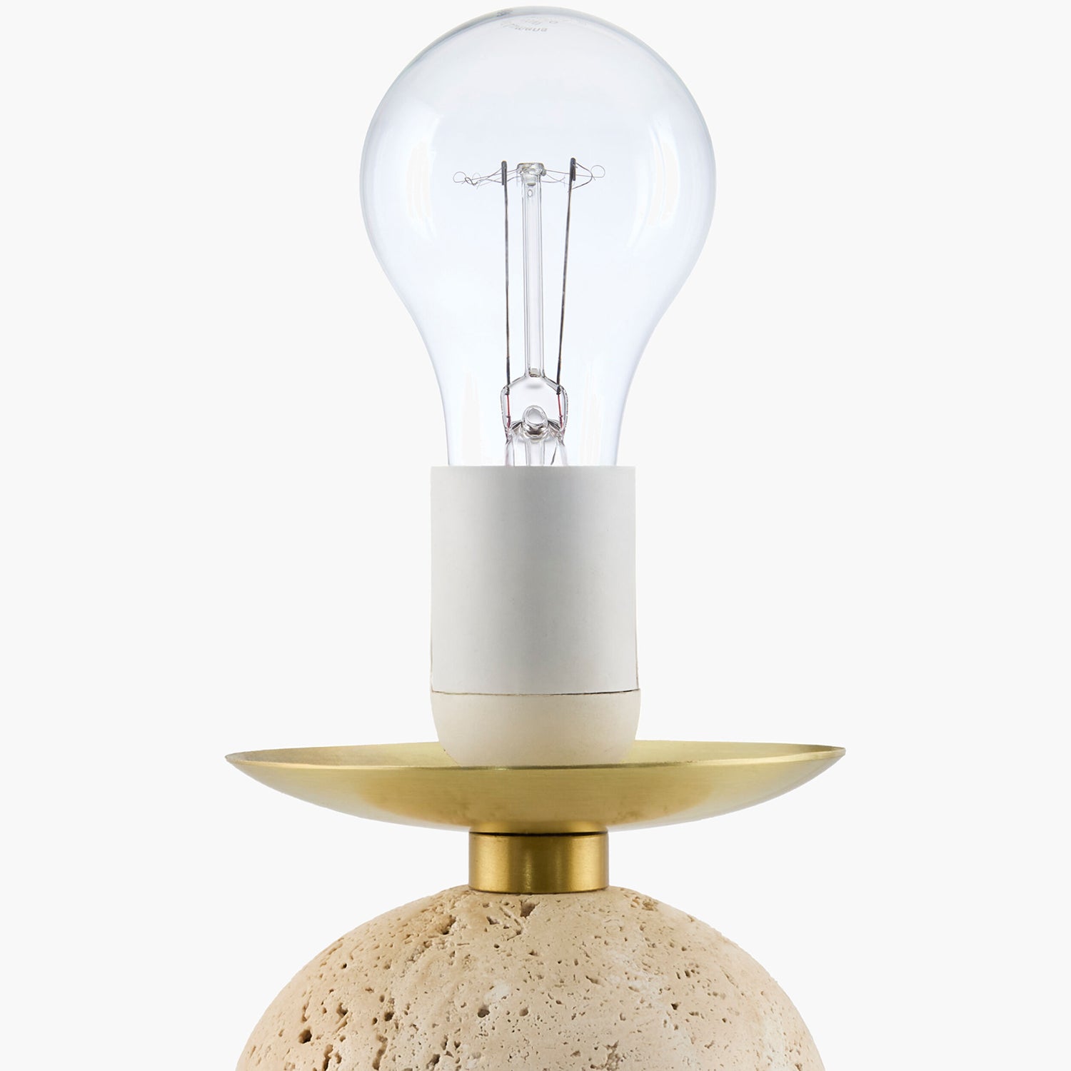Lamp with clear bulb, beige textured base, and gold accent on a white background