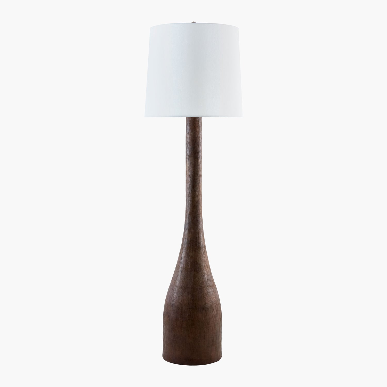 Floor lamp with a brown wooden base and white lampshade on a white background