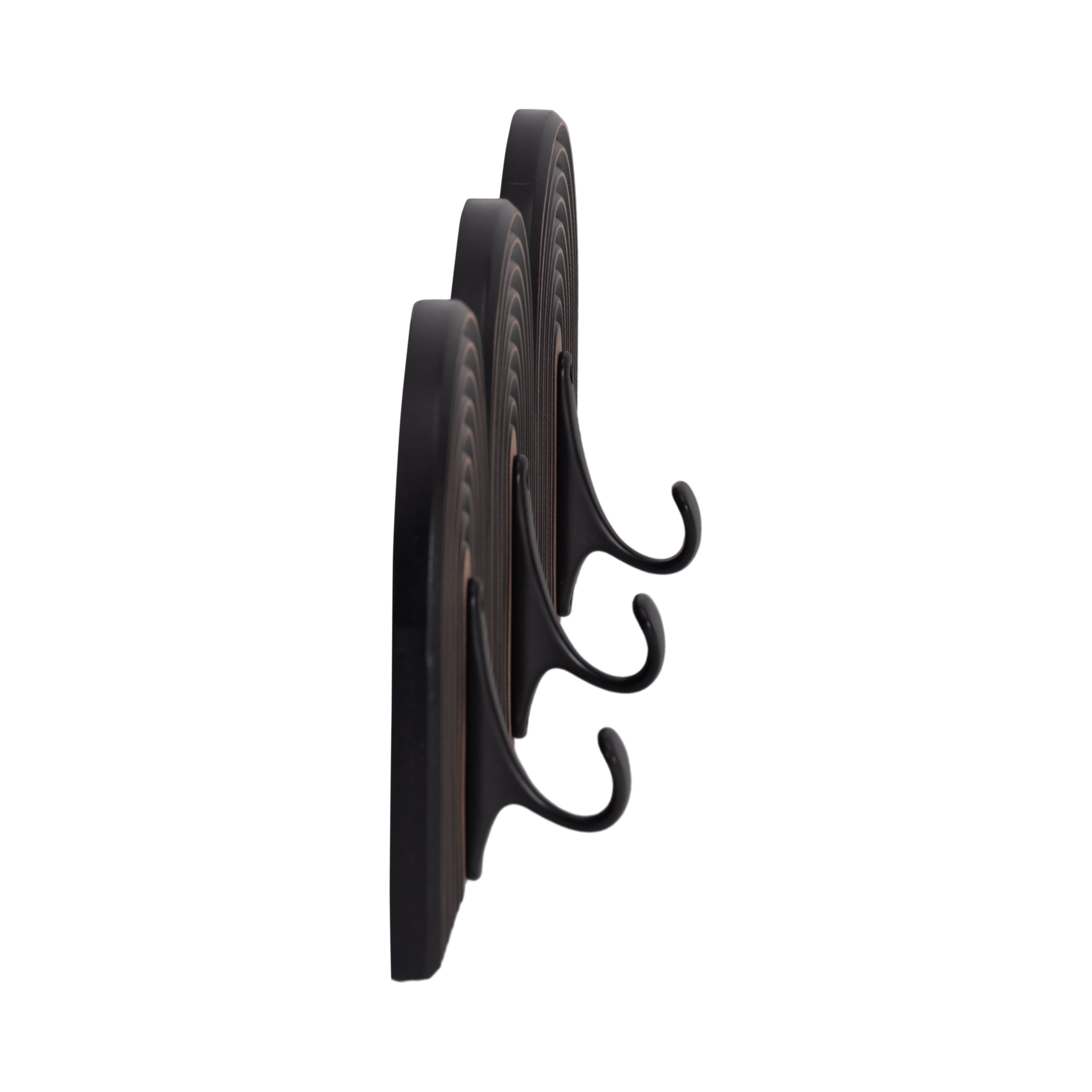 Black metal wall hook with three hooks on a white background