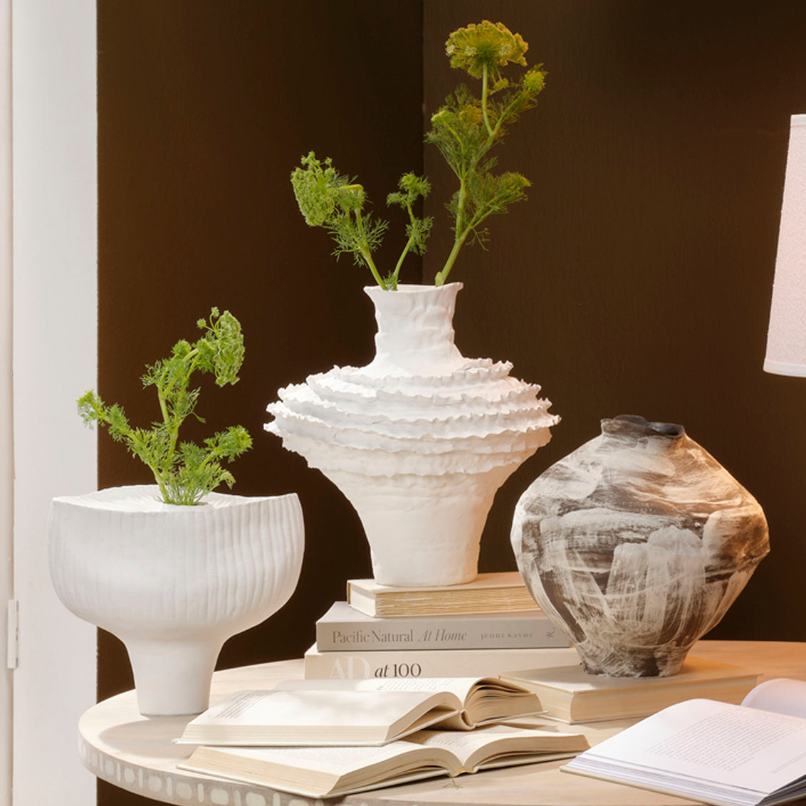 Decorative vases with plants on a table against a dark wall