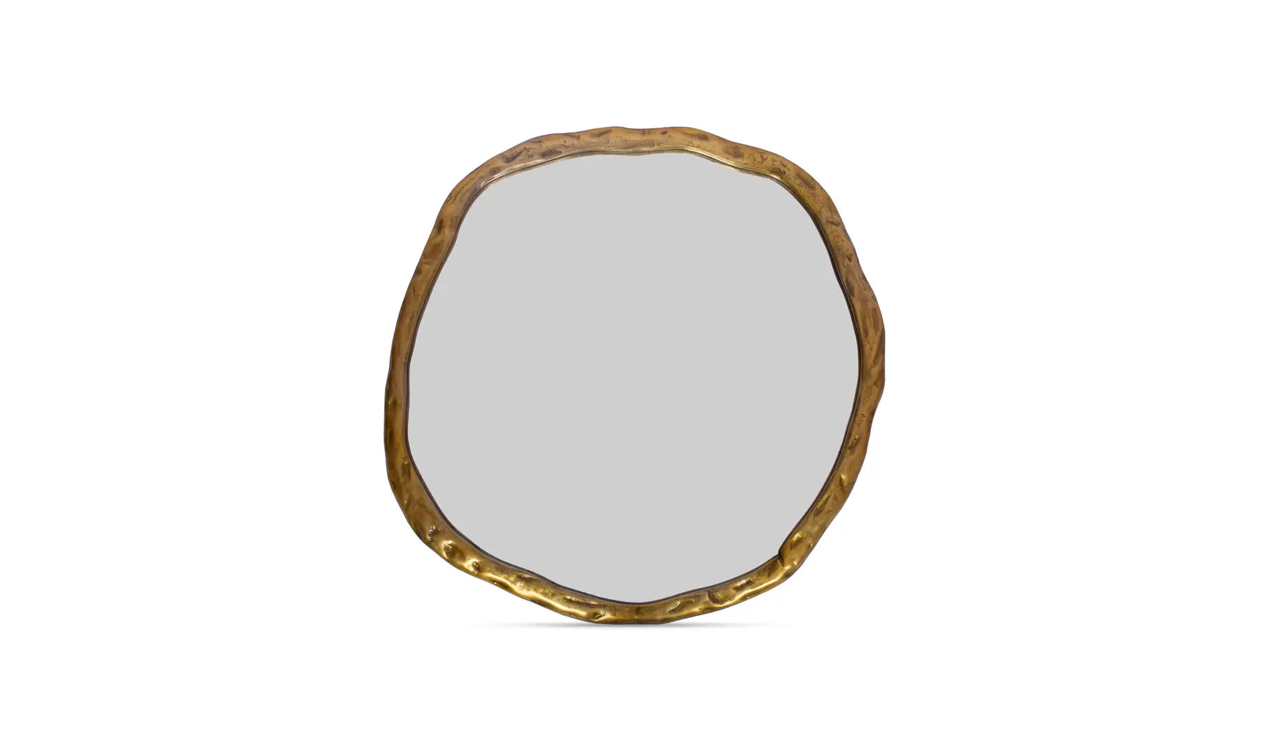 Round mirror with a gold frame on a white background
