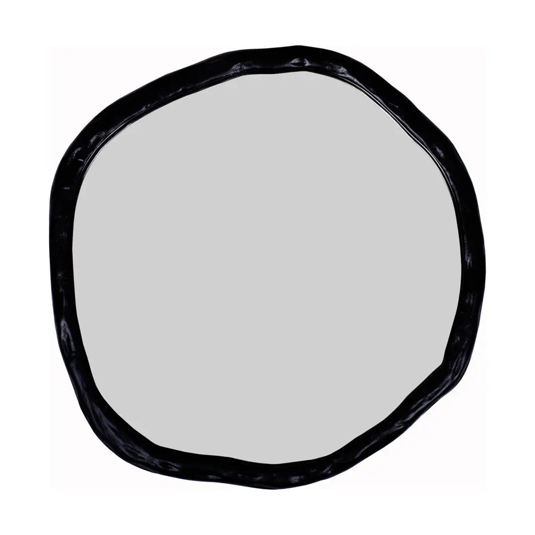 Round mirror with a black frame on a white background