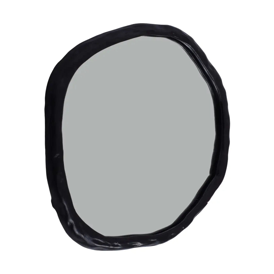 Round mirror with a black frame on a white background