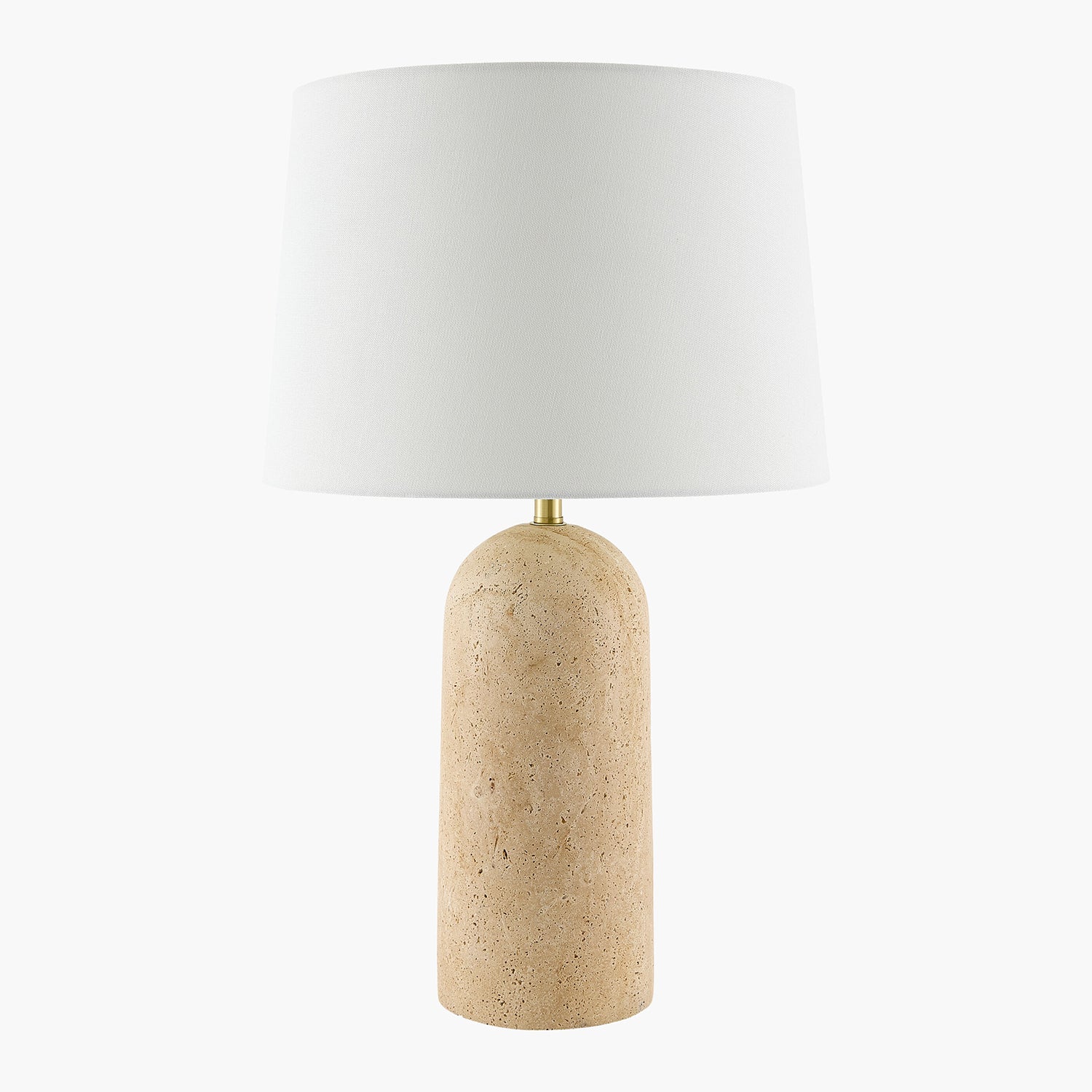 Table lamp with a beige stone base and white shade on a white background